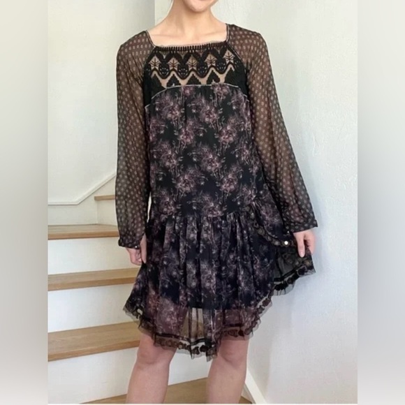 Free People Elsie Lace Chiffon Dress in Midnight Garden - XS Small - Picture 8 of 16